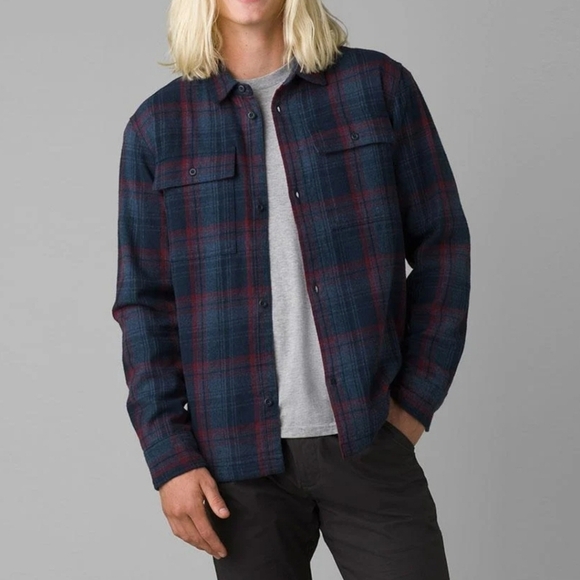 Prana Glover Park Men's Lined Flannel Shirt Jacket Plaid, Dark Sky, SMALL - Picture 1 of 13